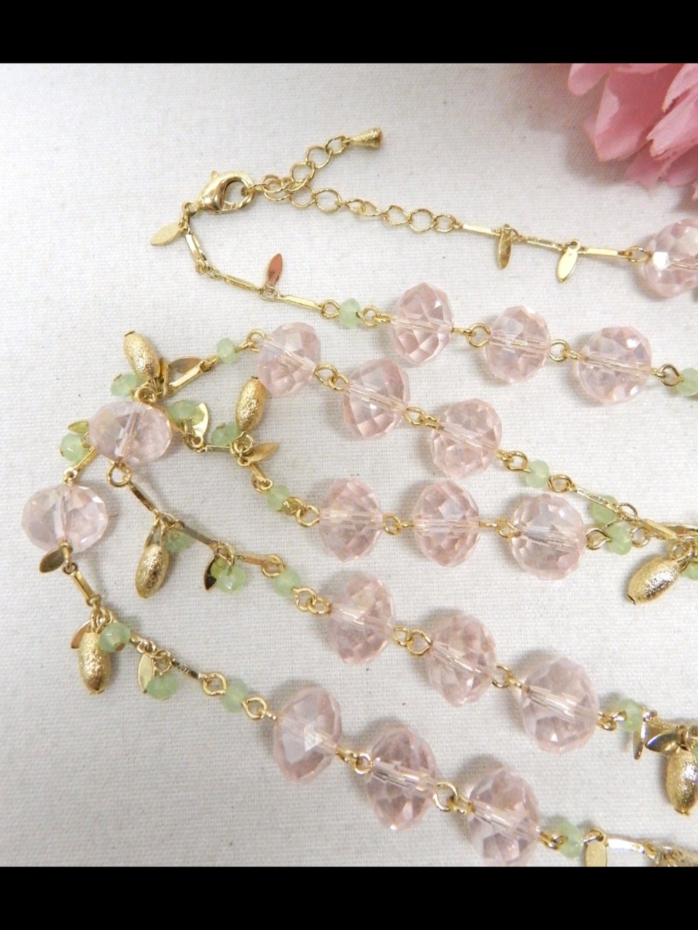 Gold Multi-Strand Necklace with Pink Faceted Beads